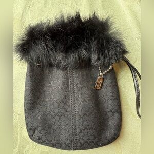 Coach Black Rabbit Fur Cinch Close Wristlet with Red Lining and Silver Charms